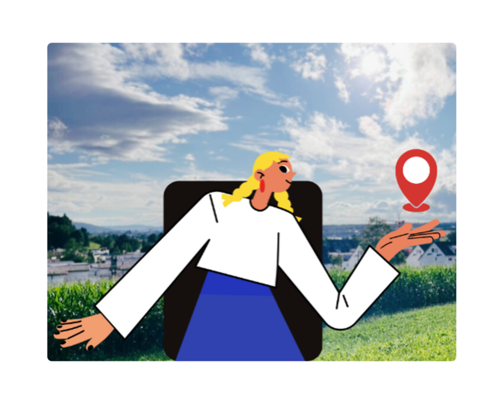 Illustration of a character holding a location pin against a scenic background, symbolizing direction or location.