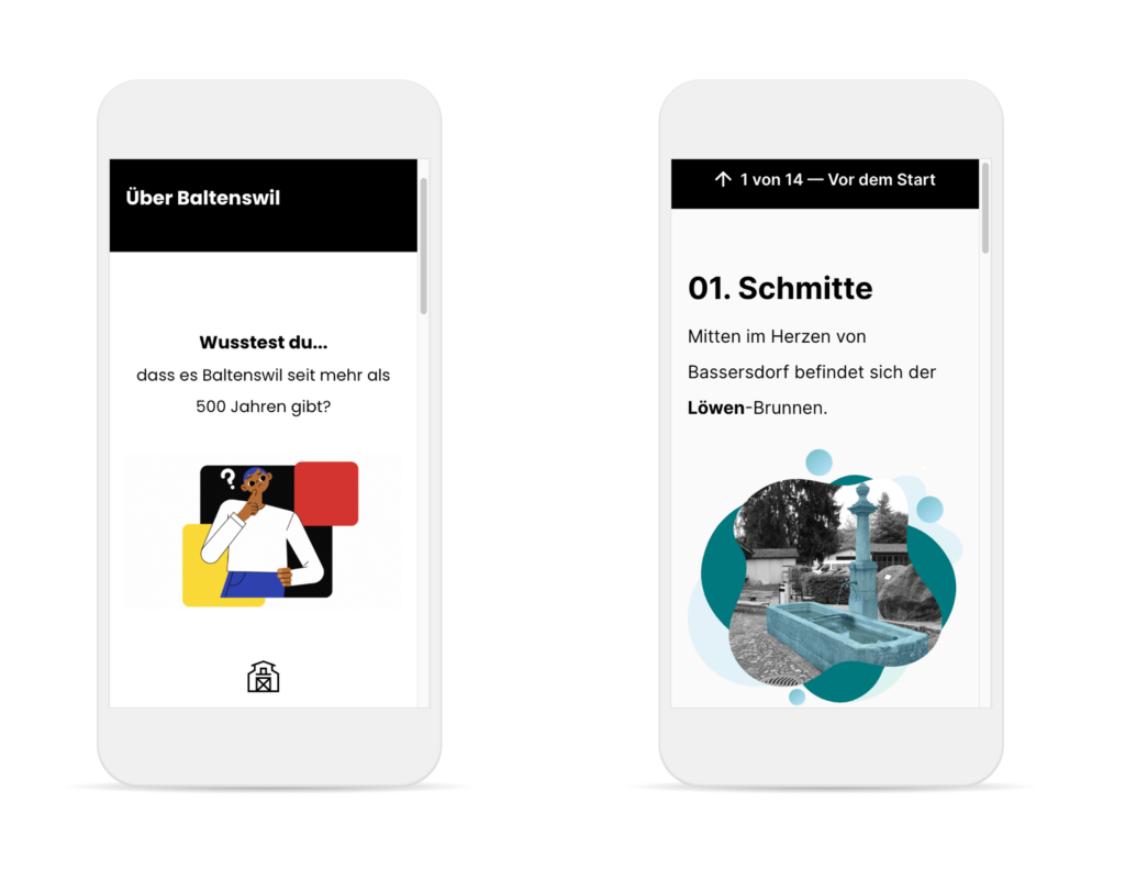 Mobile screens displaying an interactive experience about Baltenswil, featuring trivia and information about the Löwen-Brunnen in Bassersdorf, with a sleek, modern design and illustrations.
