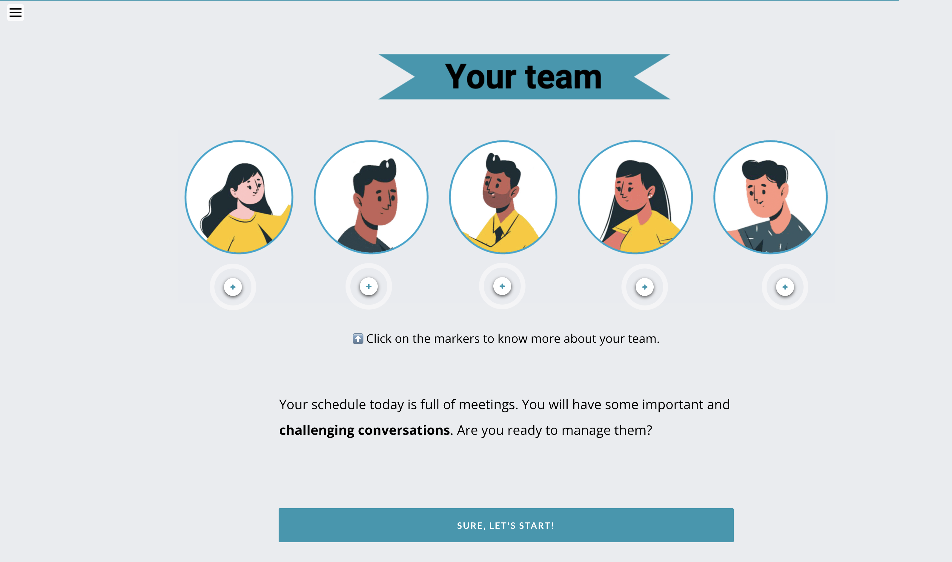 Screen titled 'Your team' featuring five illustrated profile images of diverse team members in circular frames with plus icons below each. Text below invites the user to click on the markers to learn more about the team and prepares them for challenging conversations, followed by a button labeled 'Sure, let's start!'