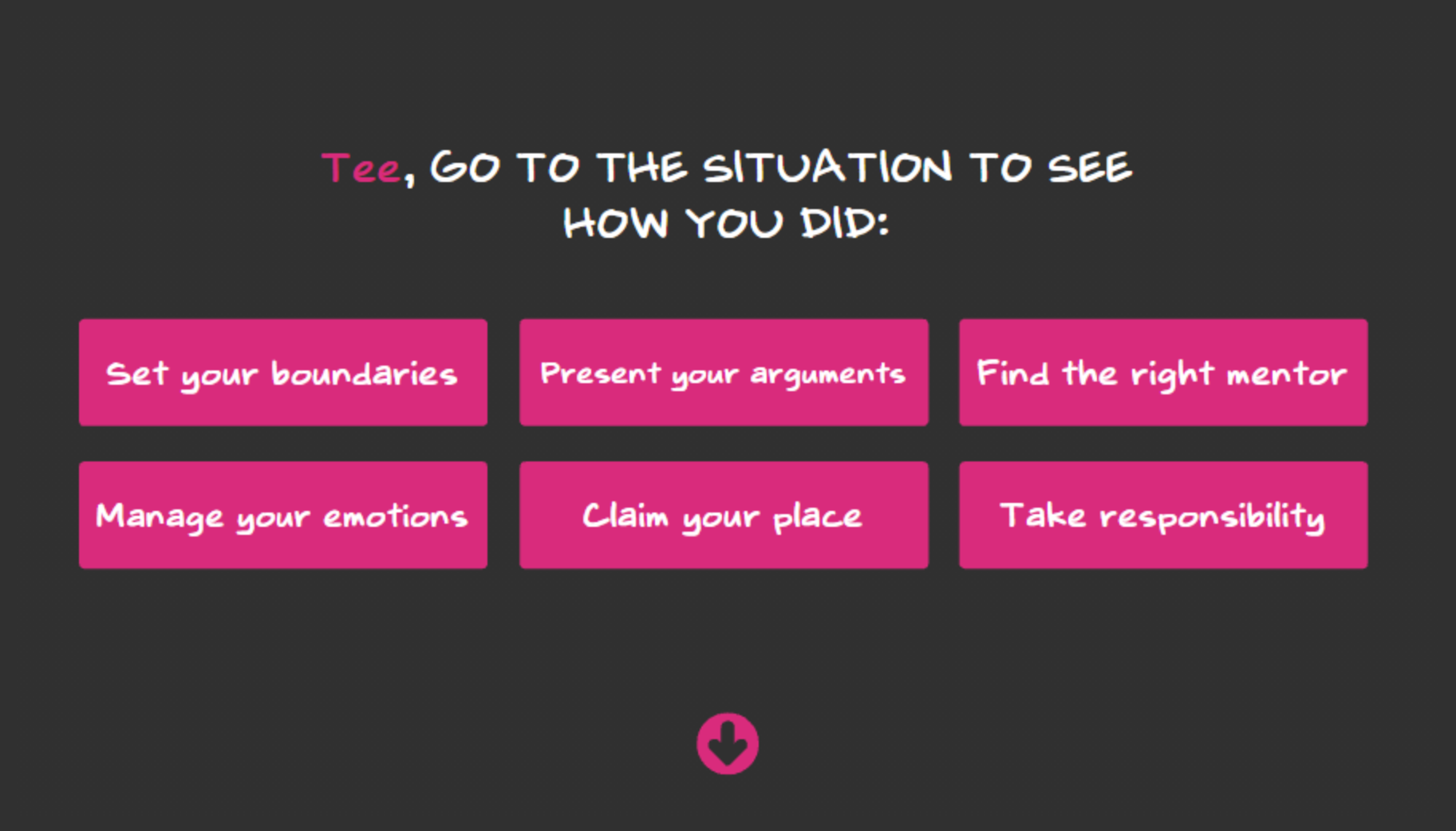 Screen with title: 'Tee, GO TO THE SITUATION TO SEE HOW YOU DID.' Answer options: 'Set boundaries,' 'Present arguments,' 'Find a mentor,' 'Manage emotions,' 'Claim your place,' 'Take responsibility.'